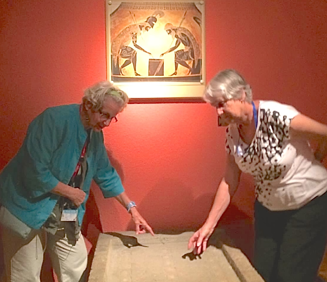 Bella and Katie Cox at ancient gaming board, Antalya Museum, Turkey