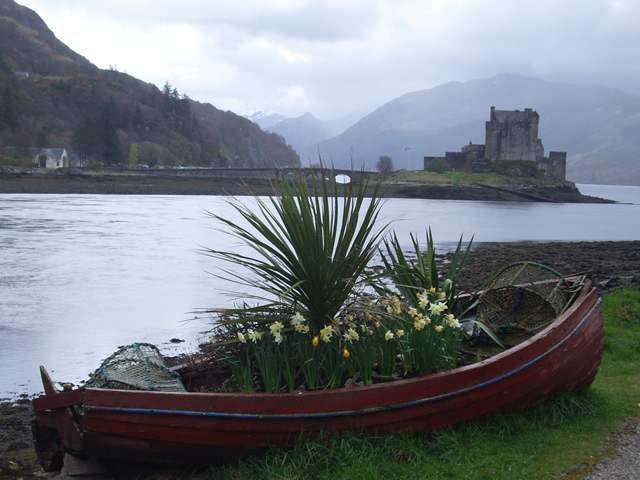 Scottish river rowboat with flowers